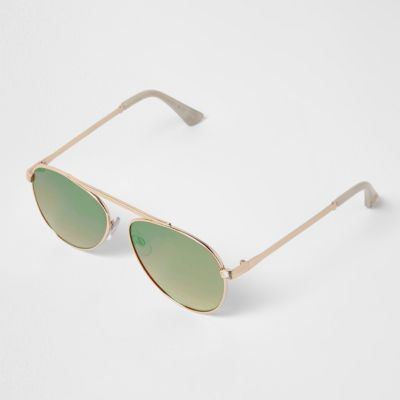 Gold tone brow bar green mirrored sunglasses